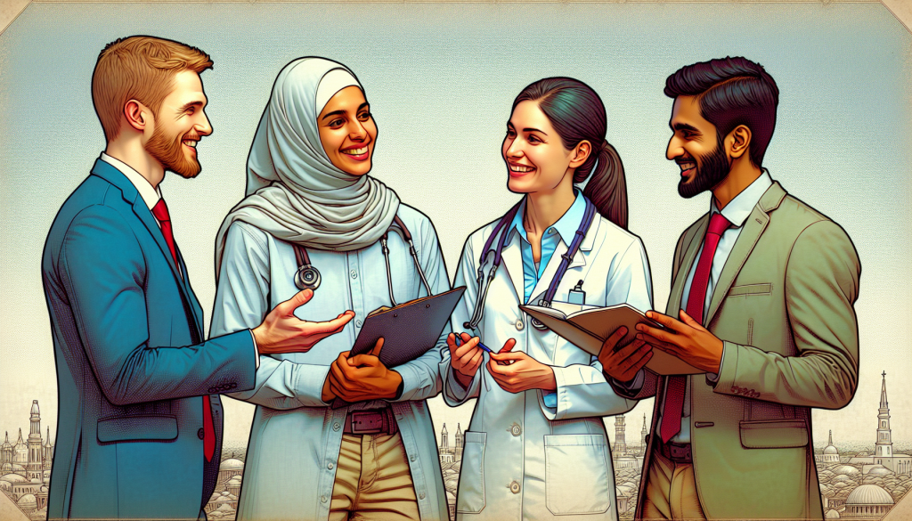 A group of diverse people happily communicating