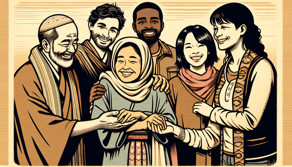 A group of diverse people smiling and supporting each other