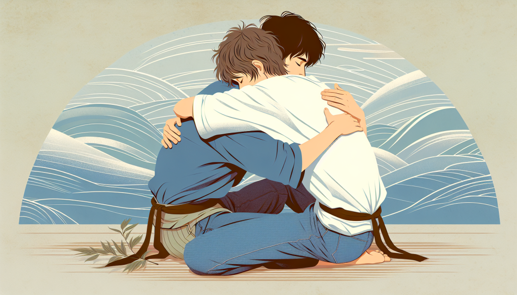Two friends supporting each other with a hug